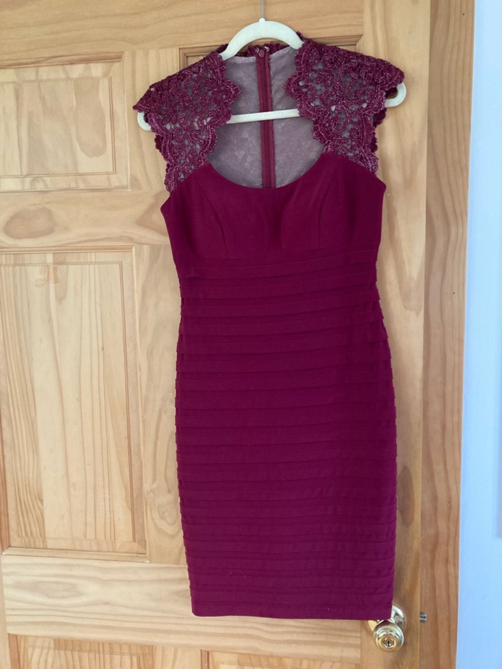 Cache Burgundy Lace-Shoulder Midi Bodycon Dress